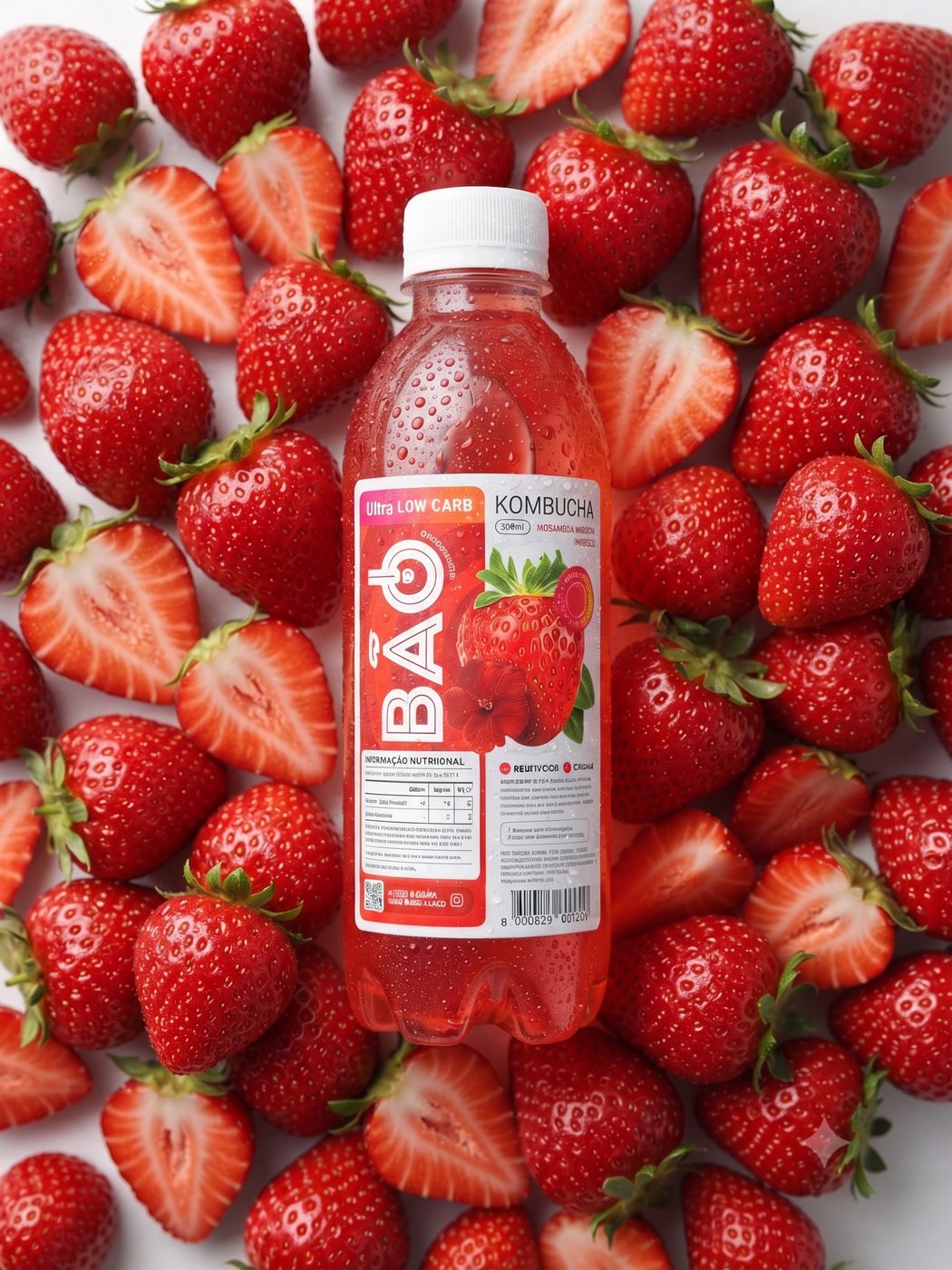 Kombucha Bão Morango & Hibisco sobre um mar de morangos frescos