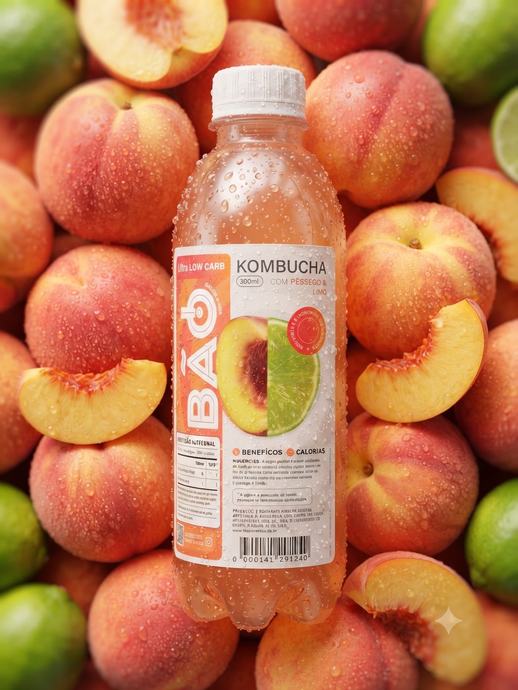 Kombucha Bão Pêssego & Limão sobre um mar de pêssegos e limões frescos