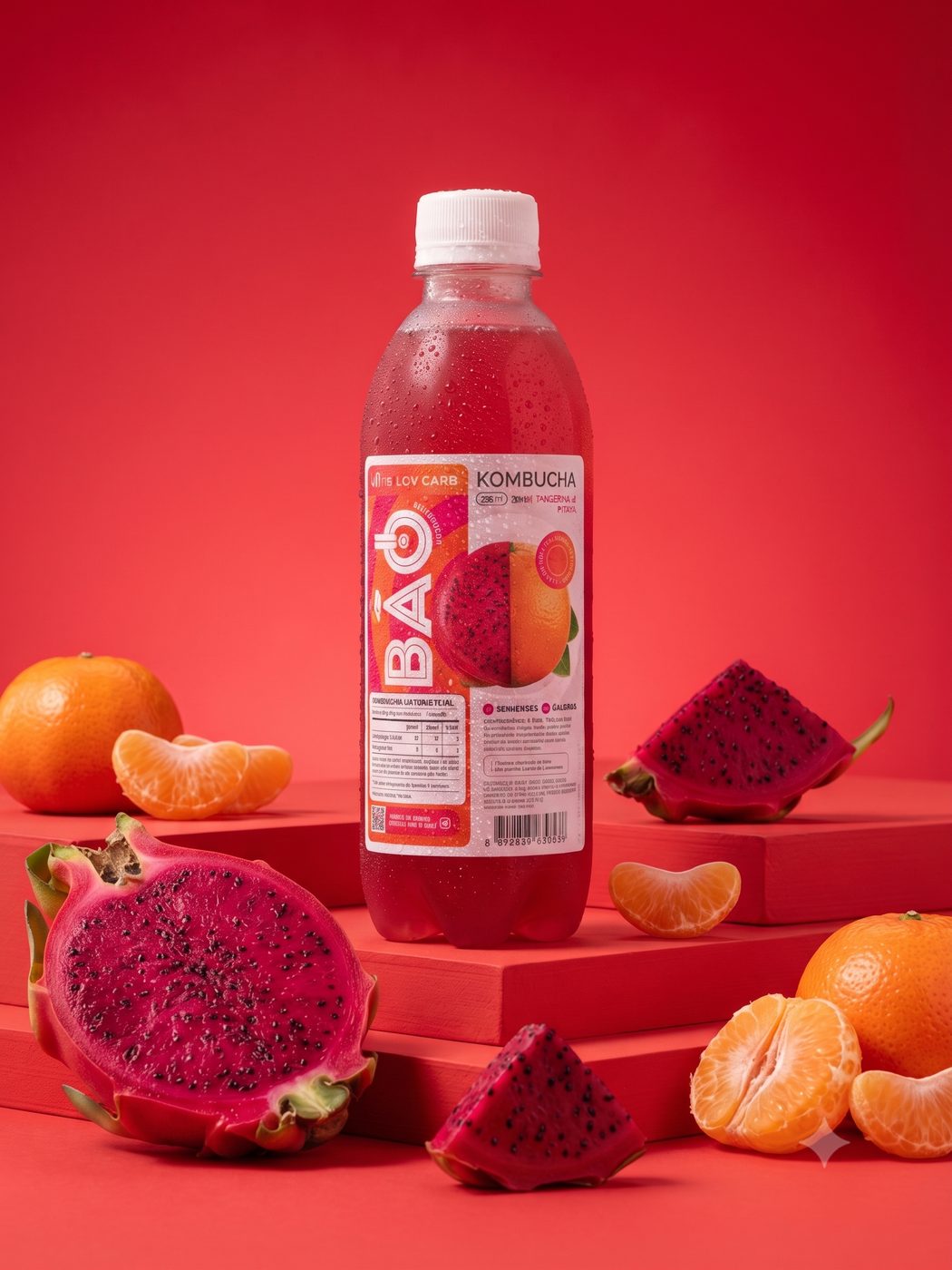 Kombucha Bão Tangerina & Pitaya com frutas sobre fundo magenta